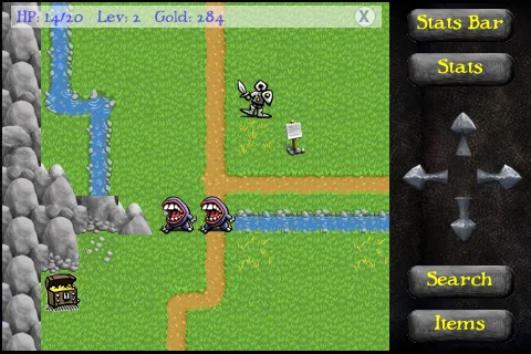 A Yipe! 5 exploration scene showing a hero beside a stream, mountains, a treasure chest, and two roaming mouth monsters.