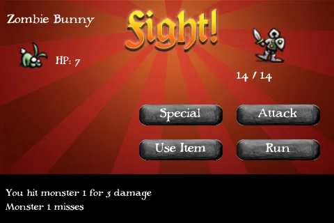A Yipe! 5 combat screen showing a knight fighting a small green zombie bunny.