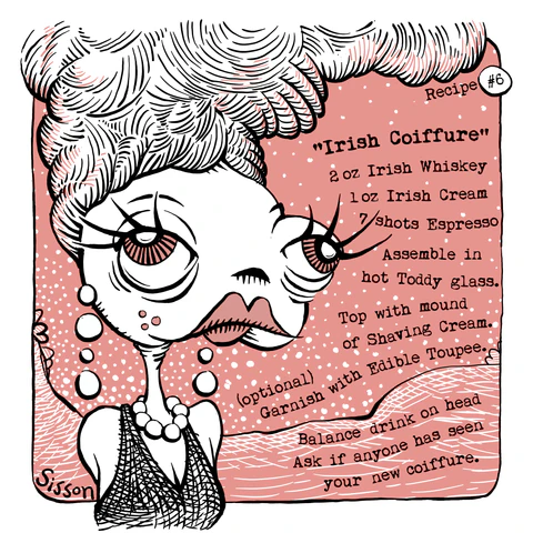 The Irish Coiffure coaster, featuring a coiffed monster and a recipe topped with shaving cream and an edible toupee.