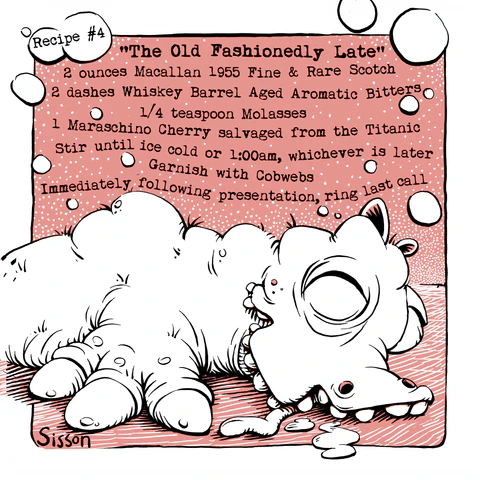 The Old Fashionedly Late coaster, featuring sleeping monsters and a drink garnished with cobwebs.