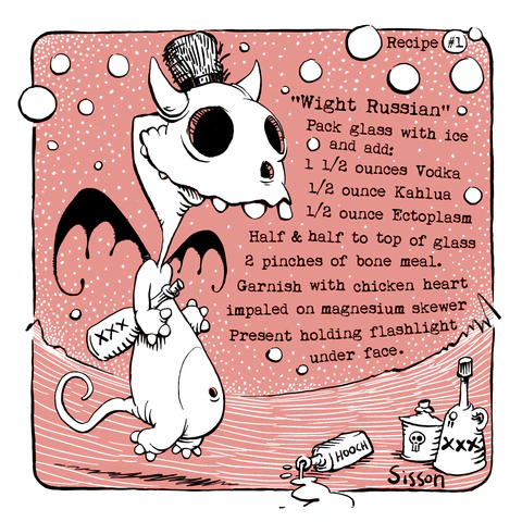 The Wight Russian coaster, featuring a small skeletal monster holding a bottle.