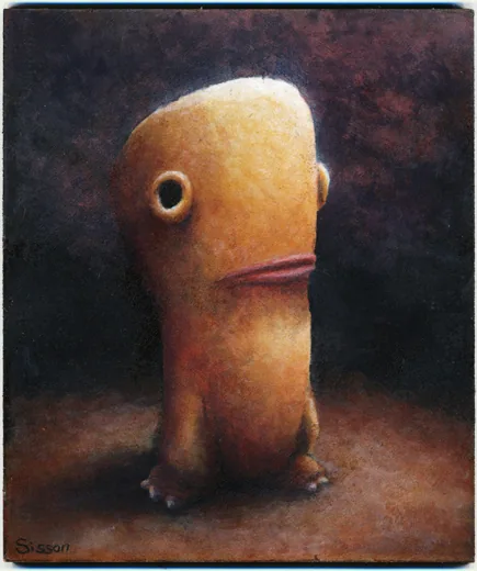 Garcon, a narrow painting of an orange creature seen from behind.