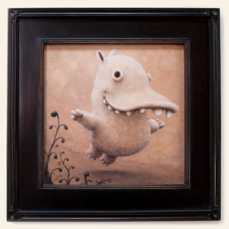 How’m I Doin’, a pale creature caught mid-leap in a square framed painting.