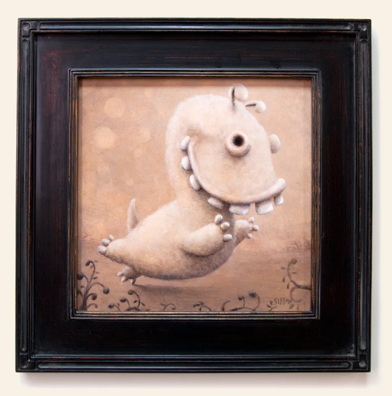 No Peeking, a pale creature hiding its face in a square framed painting.