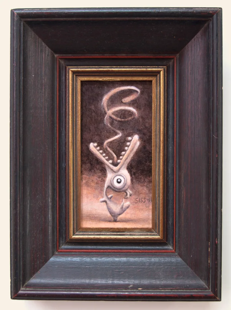 The Natural, a tall framed painting of a small creature beneath a loose spiral.