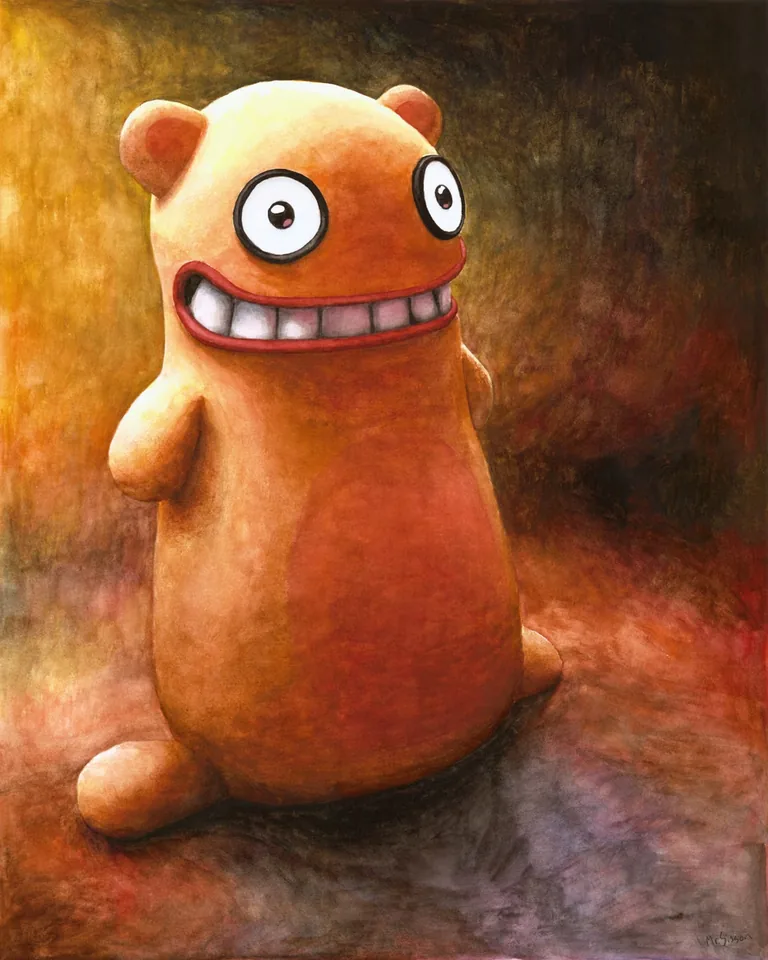 Uncle Rhubarb, a wide-eyed orange creature seated against a warm, dark background.