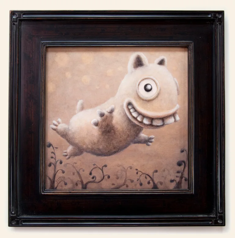 Watch This, a smiling pale creature leaping through a square framed painting.