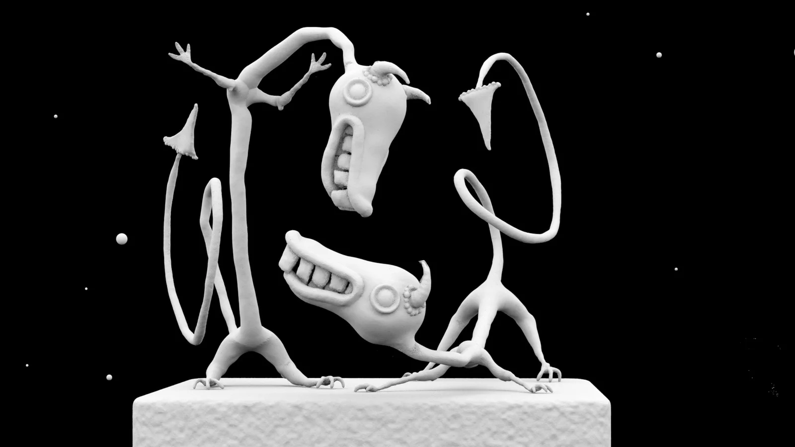 Two long, expressive dragon creatures shown as untextured white VR sculpts against black.