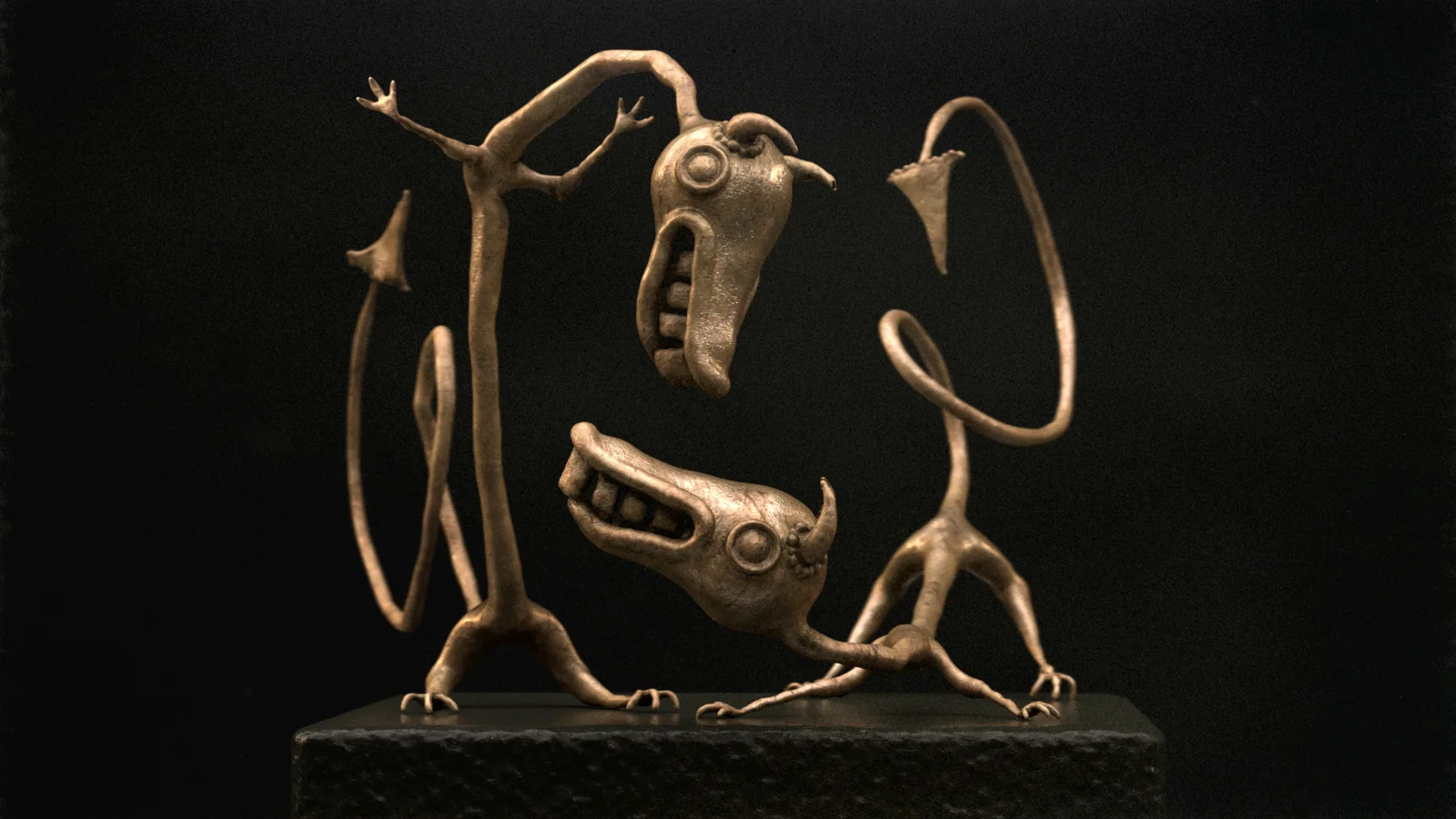 The two sculpted dragon creatures rendered as warm bronze figures on a dark base.