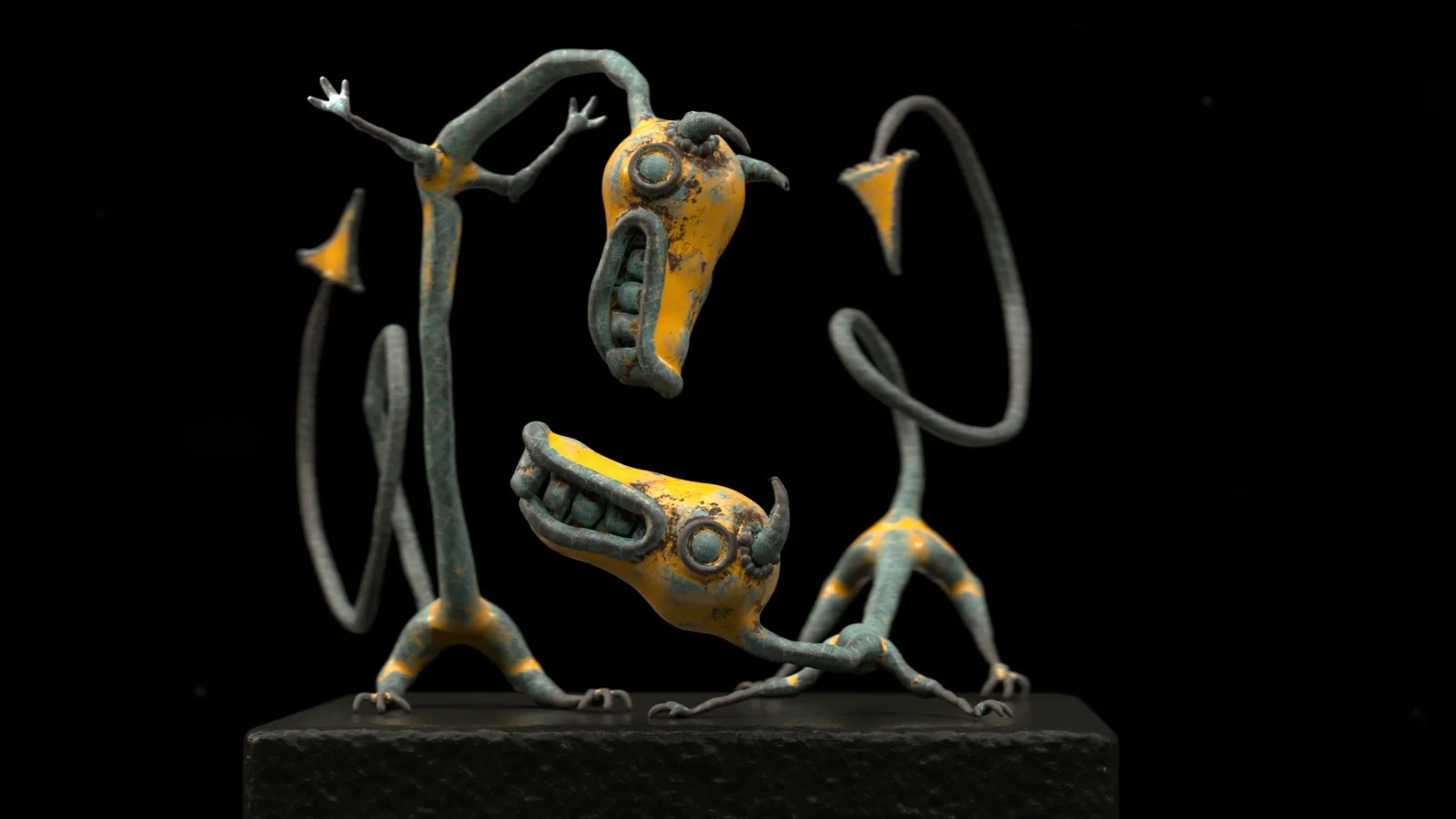 The same two dragon creatures with distressed yellow and oxidized green surfaces against black.