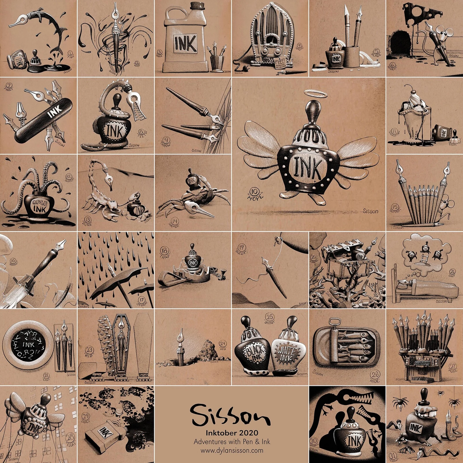 A grid of finished sepia-and-black Inktober illustrations featuring ink bottles, pen nibs, creatures, and drawing tools.