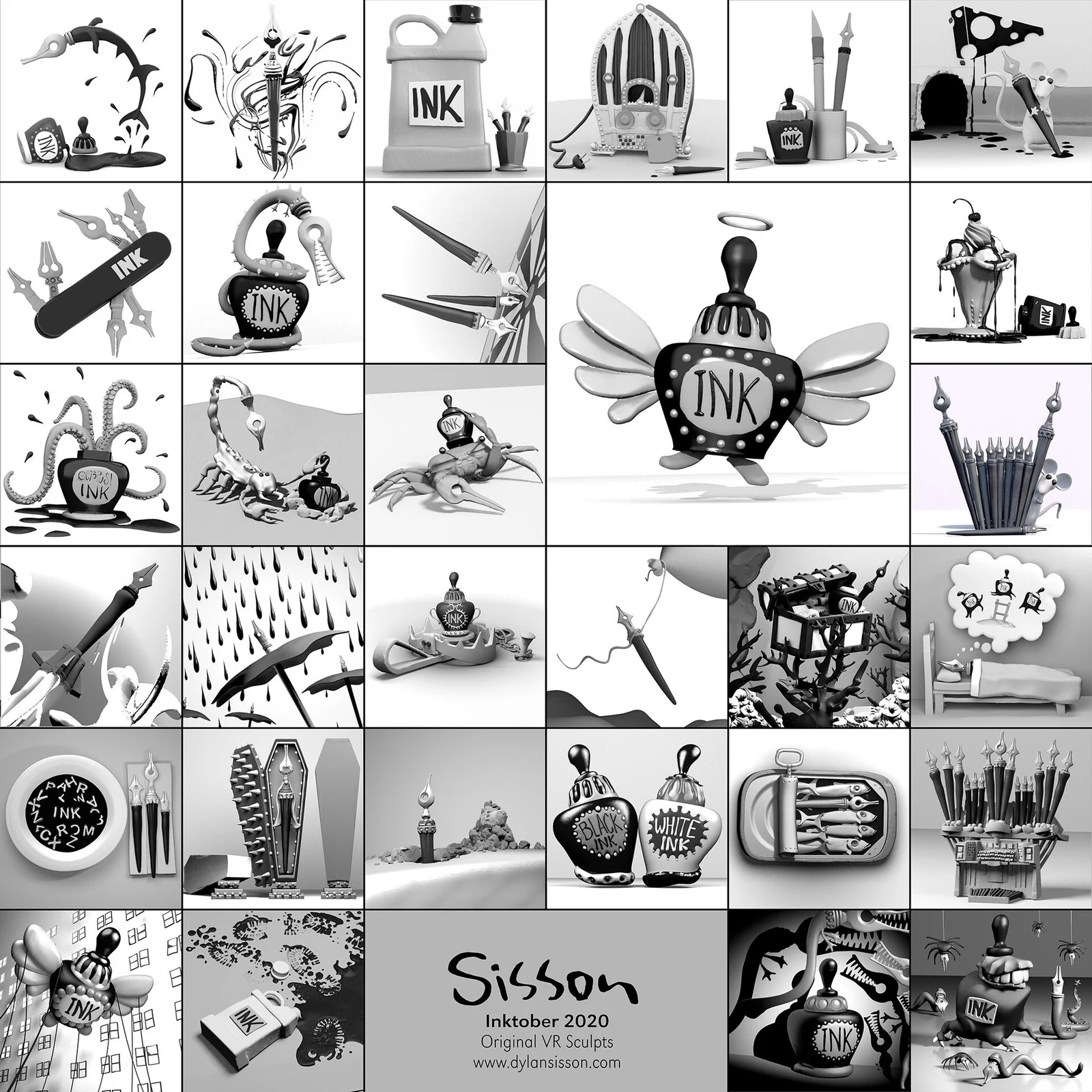 A grid of grayscale VR scenes featuring ink bottles, pen nibs, creatures, and drawing tools.