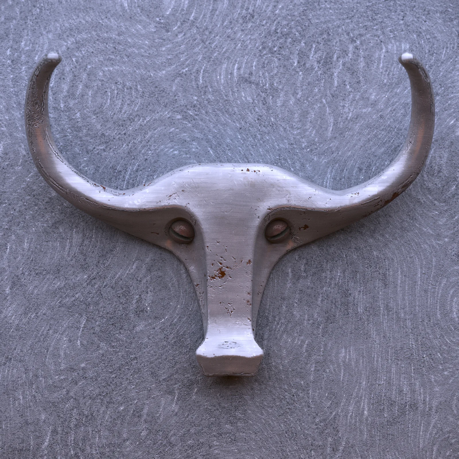 A realistic rendering of a weathered metallic ox sculpture.