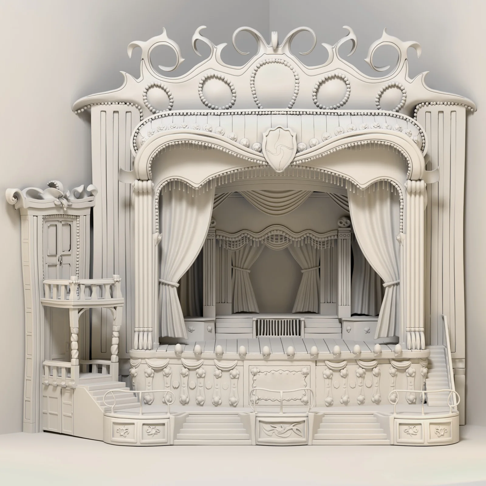 The same ornate vaudeville theater shown as a monochrome white VR sculpture.