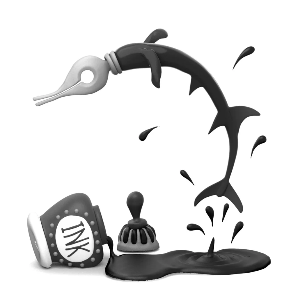 A grayscale VR sculpt of a jumping fish, ink bottle, pen nib, and splash.