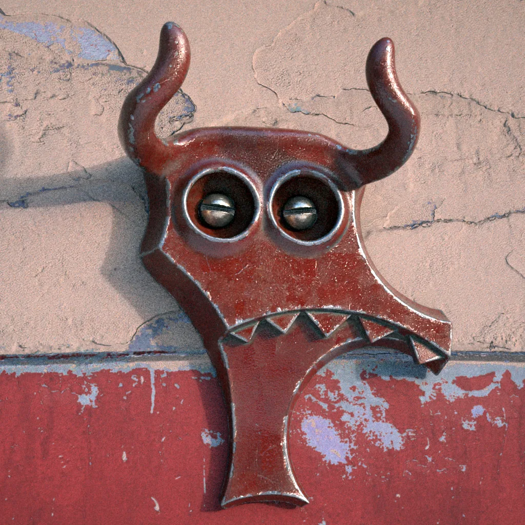 A realistic rendering of a glossy red devil sculpture against a textured wall.