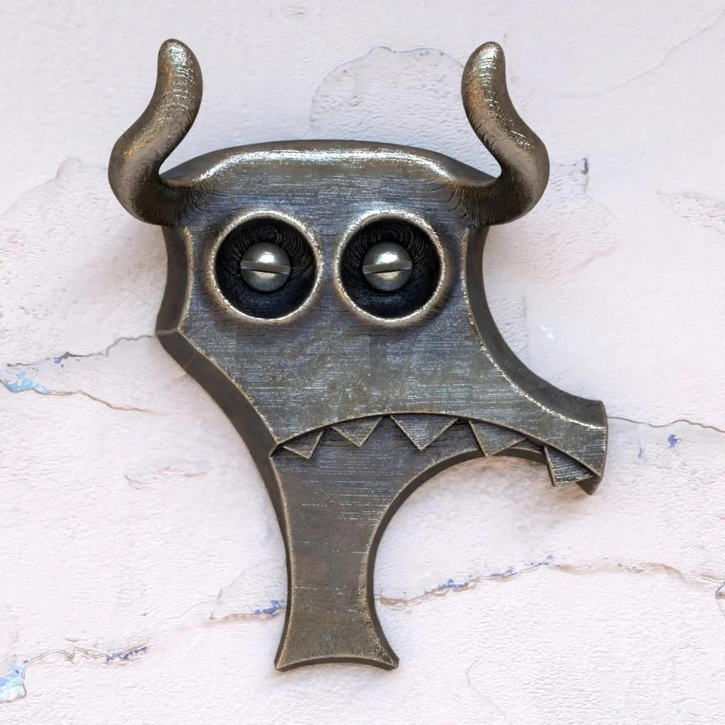 A broad, horned hook rendered against a plaster wall.