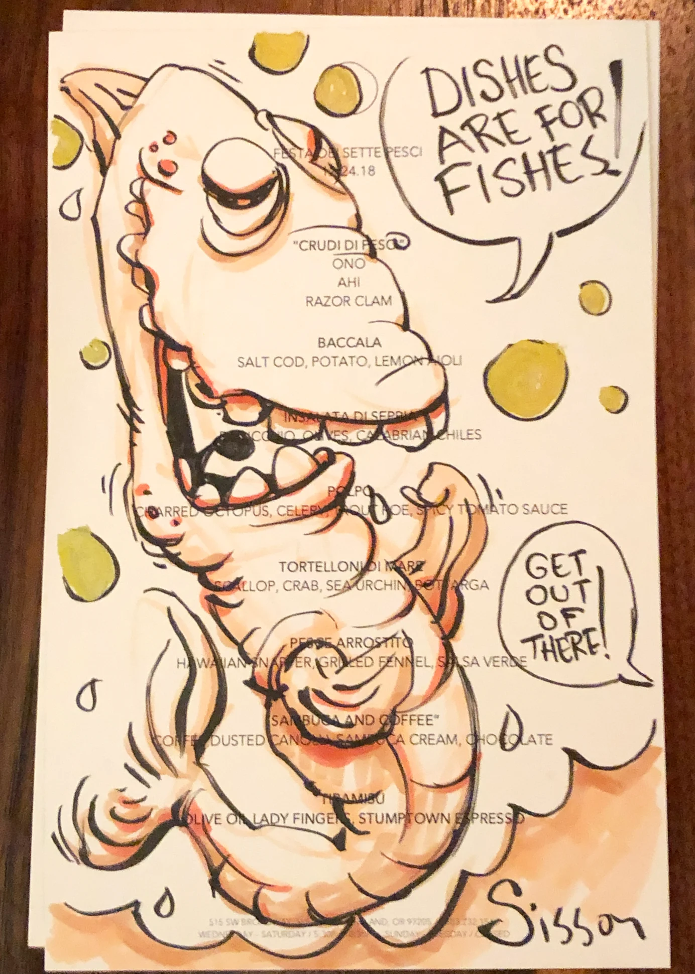 A restaurant menu covered by a loose orange, black, and green drawing of a wide-eyed fish creature saying, Dishes are for fishes!