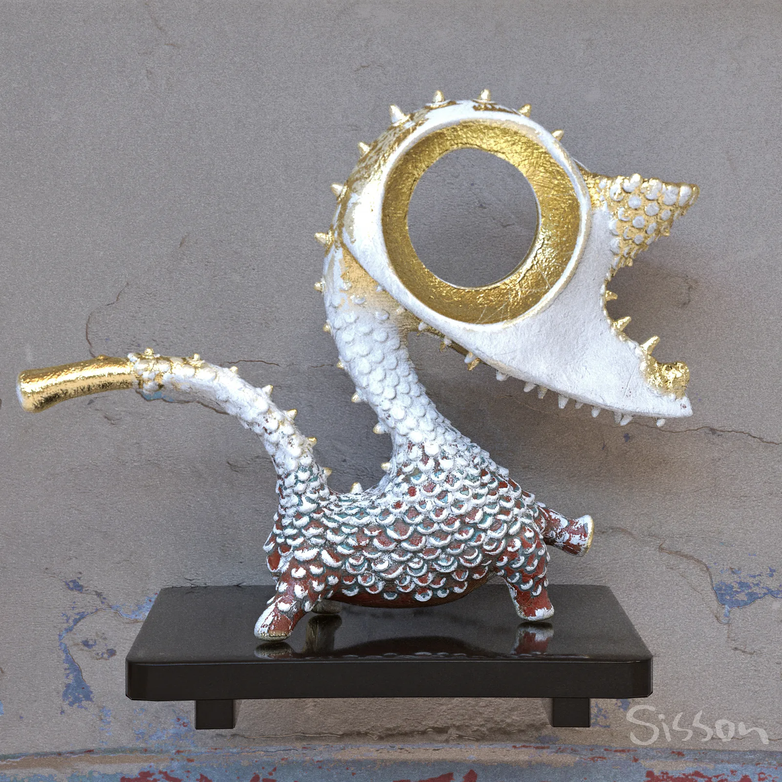 A realistic rendering of a sculpted dragon with a large circular eye, white and gold materials, and a dark display base.