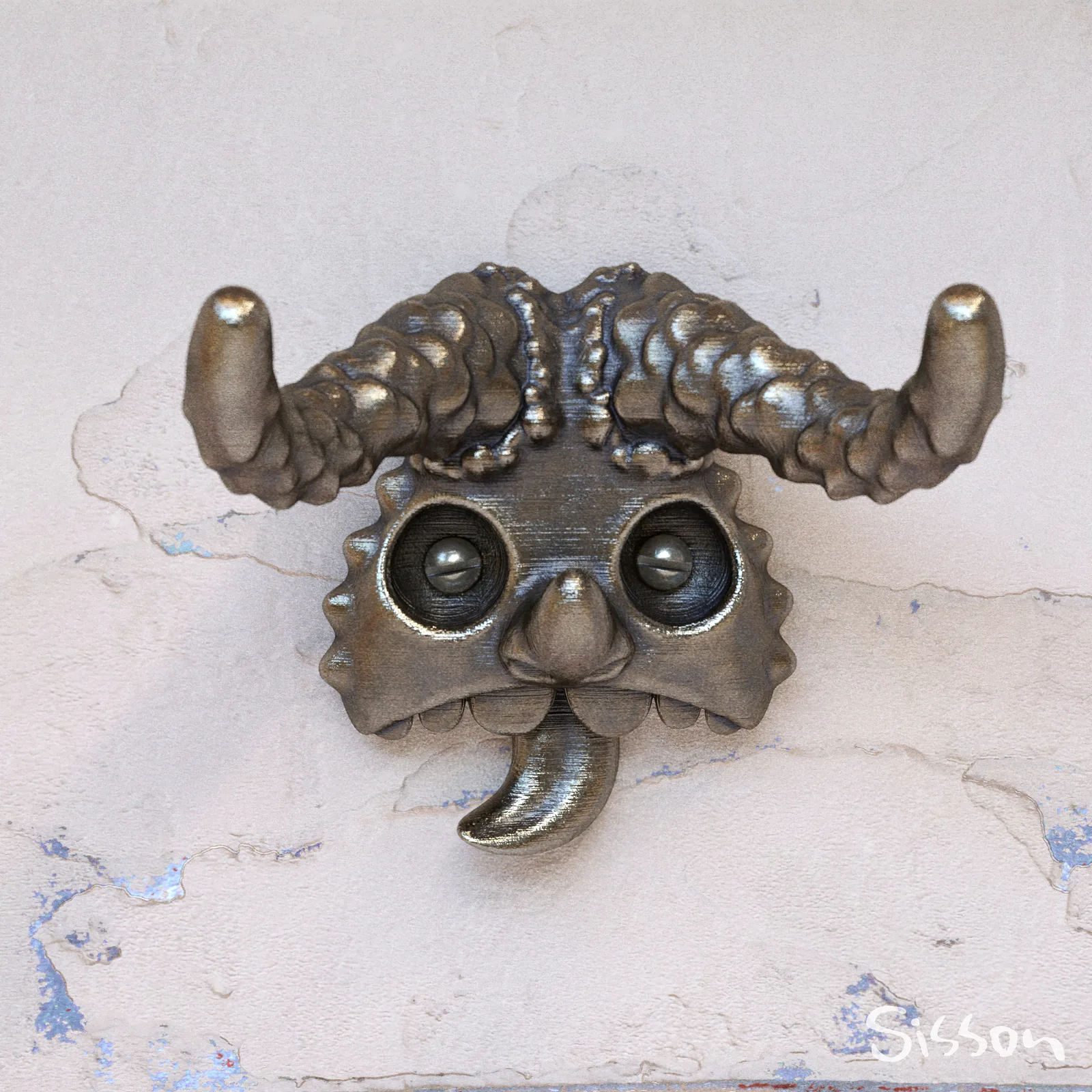 A realistic rendering of a horned sculpture behind a red surface.
