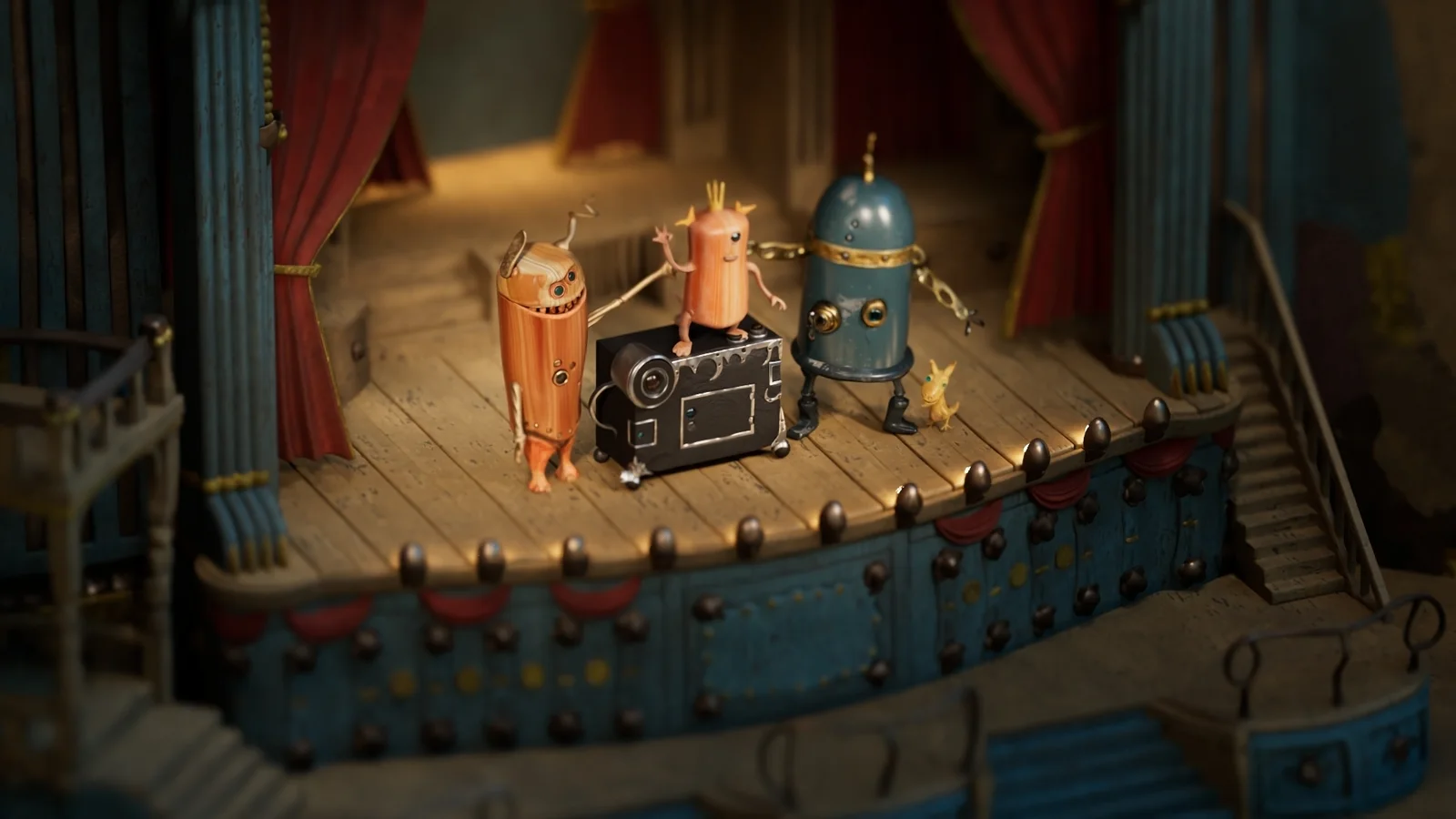 A group of colorful VR-sculpted monsters gathered around a camera on the warmly lit vaudeville stage.