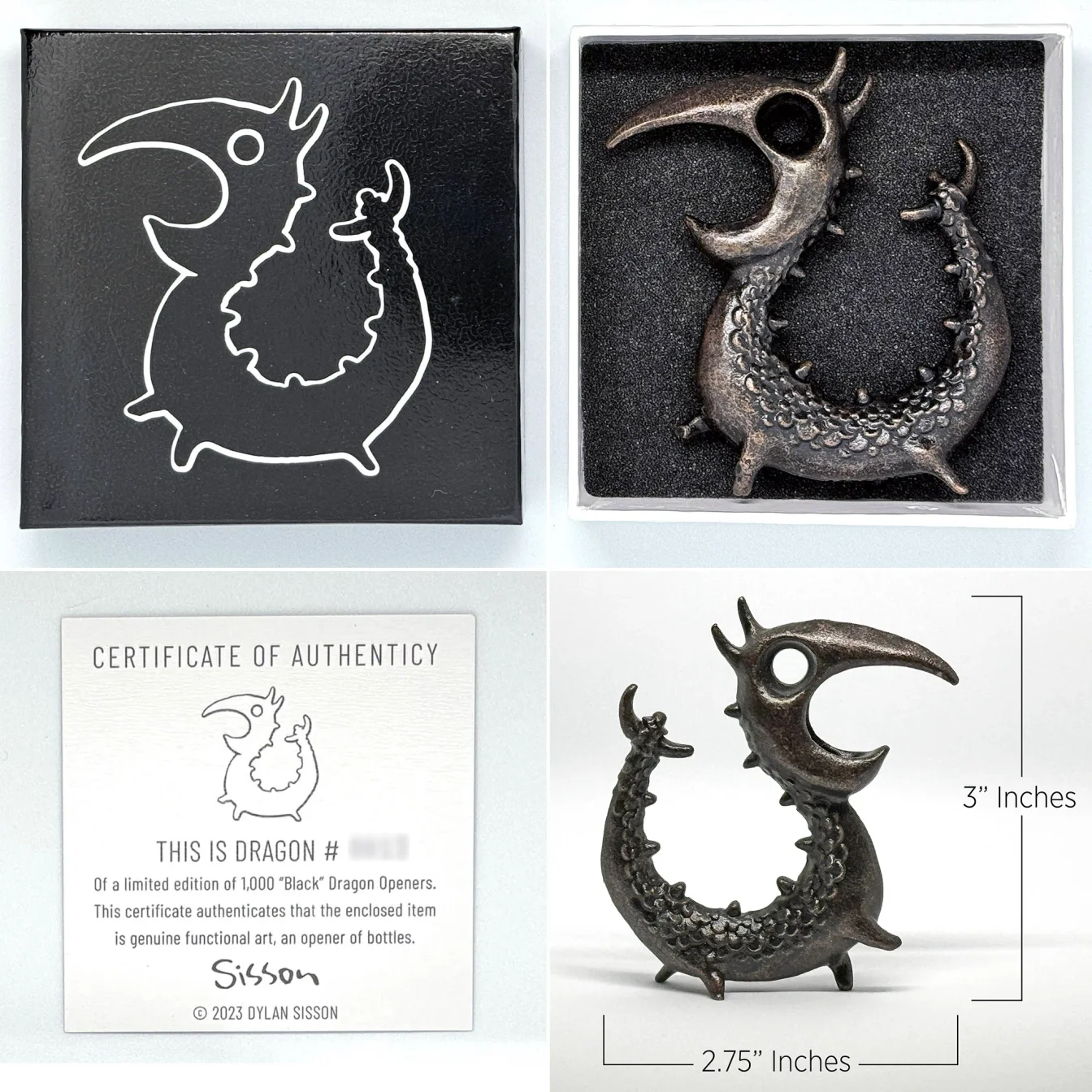 The Dragon Opener edition shown with its presentation box, numbered certificate of authenticity, and dimensions.