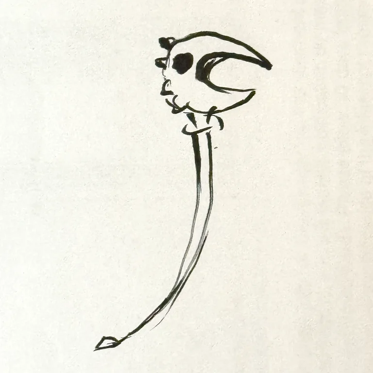 Loose black ink sketch of a dragon-headed cocktail pick on off-white paper.