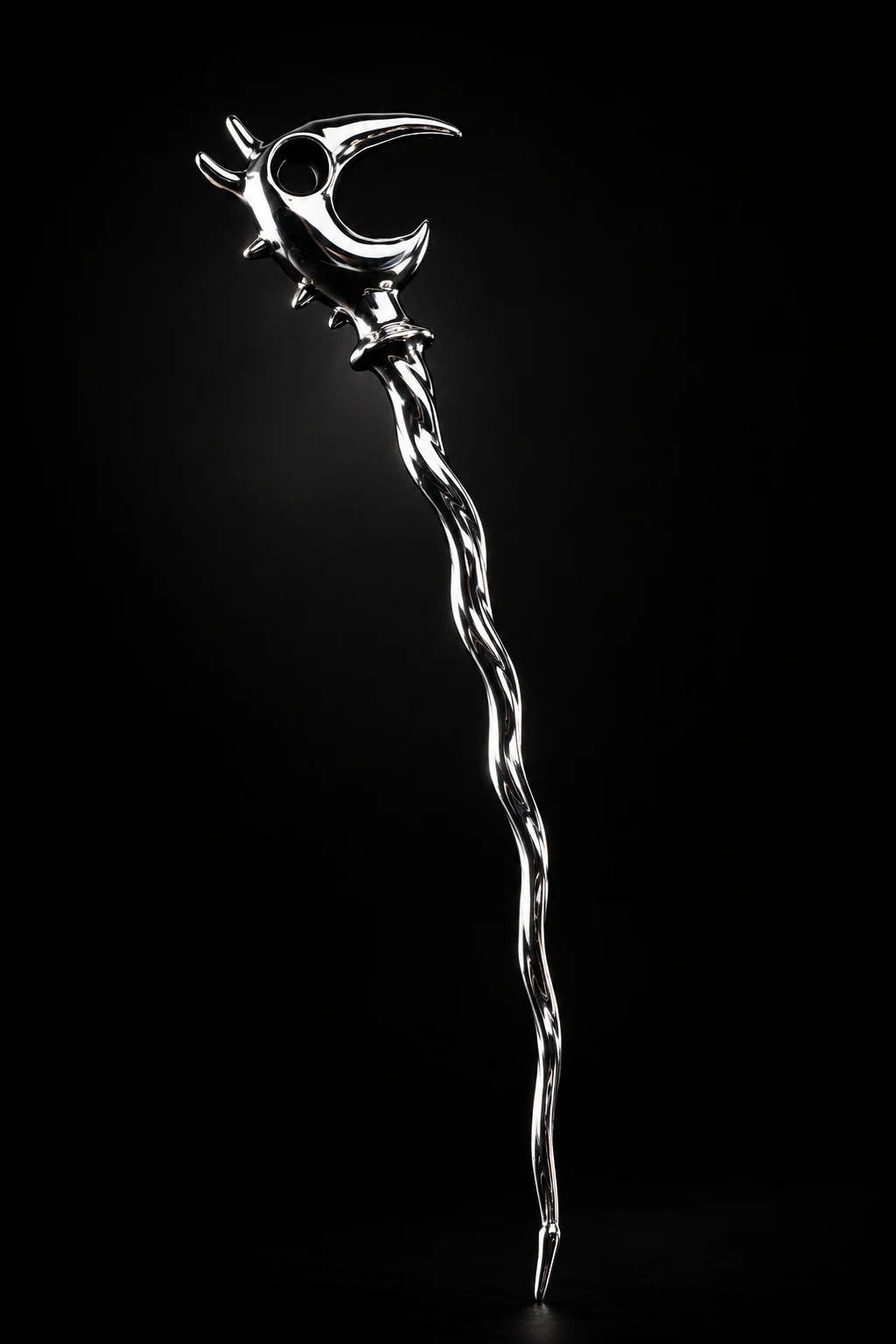 A complete chrome Dragon Pick with a twisted stem and sculpted dragon head on black.