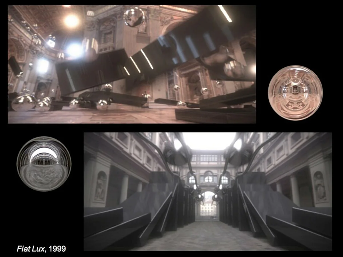 A rendered metal sphere and block floating inside St. Peter's Basilica in Fiat Lux.