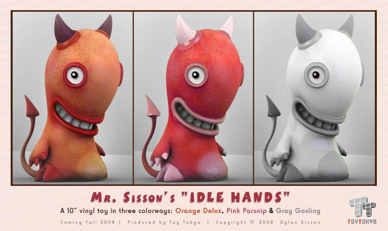 The orange, pink, and monochrome Idle Hands vinyl toy colorways standing side by side.