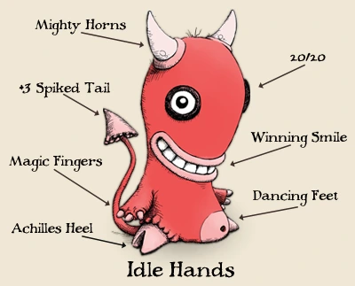 An annotated drawing of Idle Hands with callouts pointing to the character's defining features.