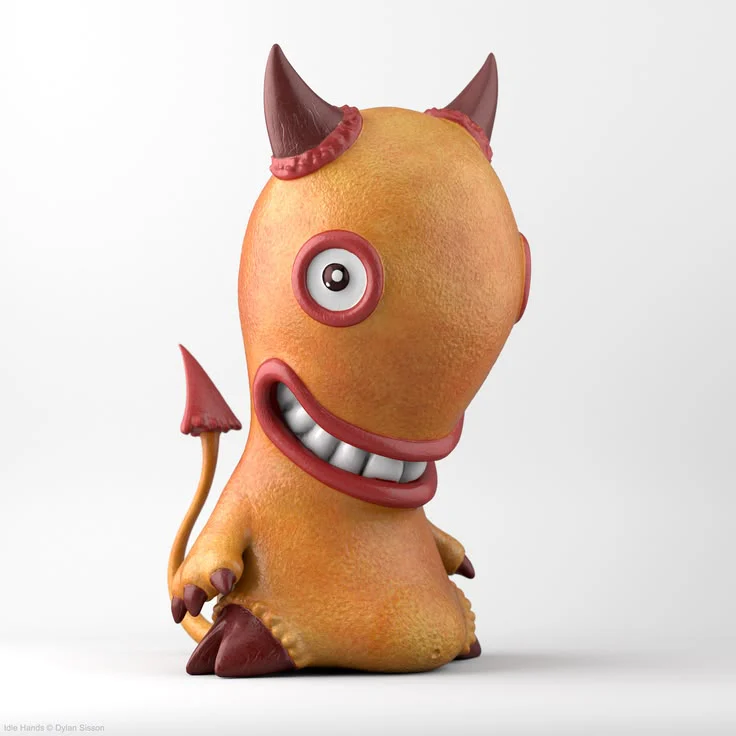 A finished orange RenderMan image of the Idle Hands character.