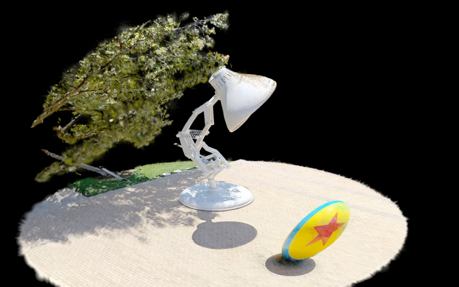 The captured lamp, ball and trees twisted in space.