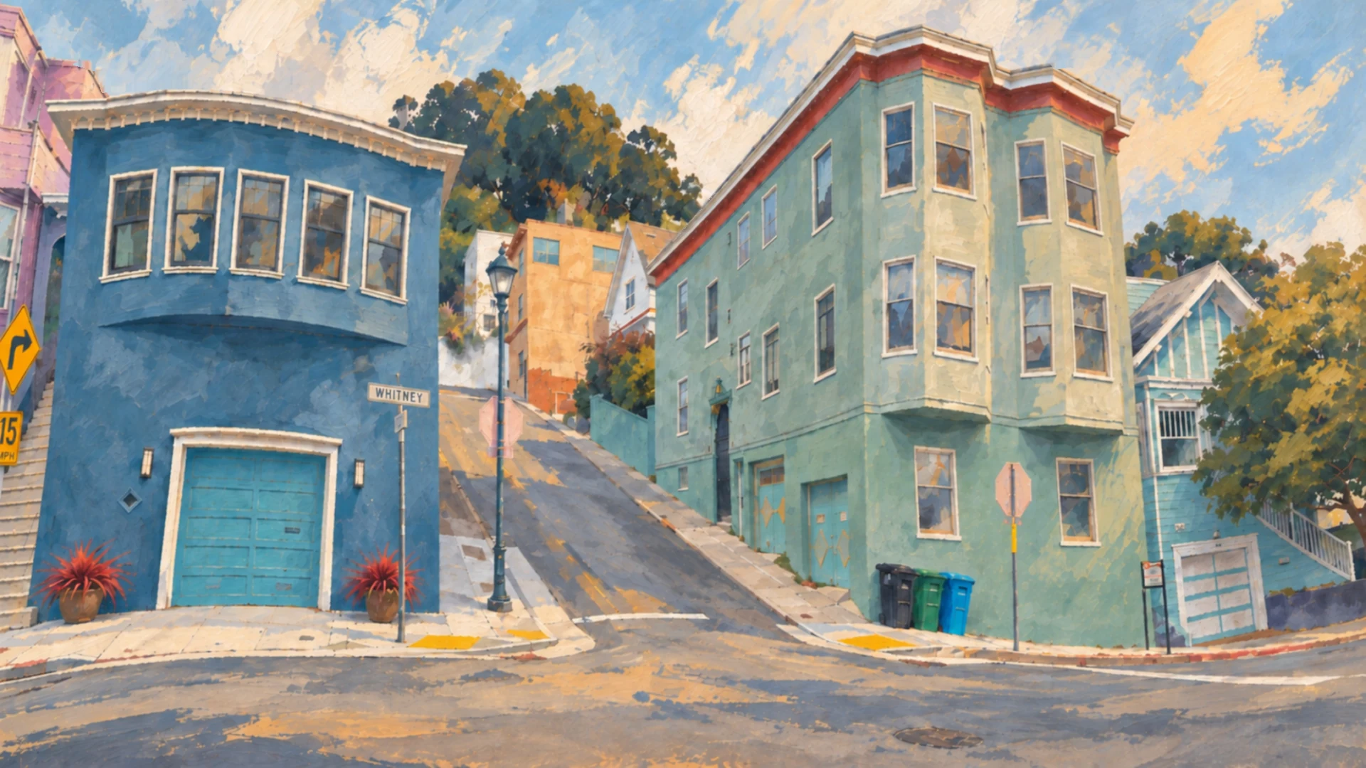 Painterly treatment of the same San Francisco street corner, with distorted points and elements removed.