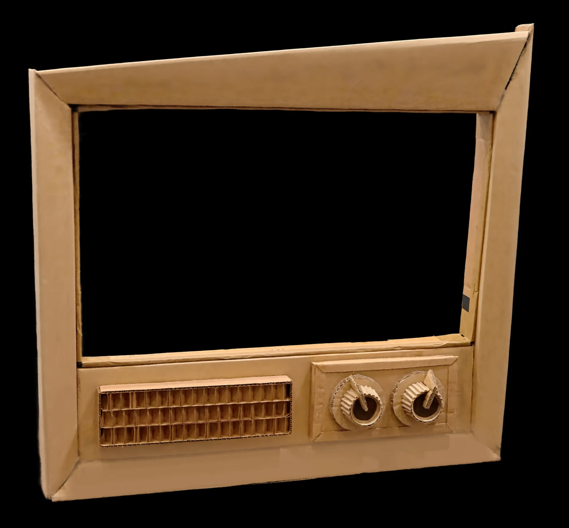 Rendered cardboard television showing folded edges, corrugation and handmade knobs.