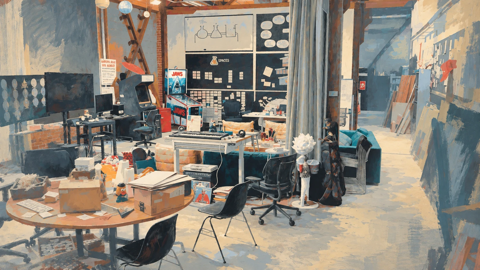 Painterly Lab interior with art supplies, boxes, chairs, musical instruments and pinball machines.