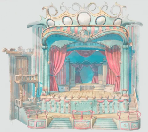 Dylan Sisson’s VR-sculpted vaudeville theater rendered with a pale turquoise, coral, and ochre watercolor treatment.