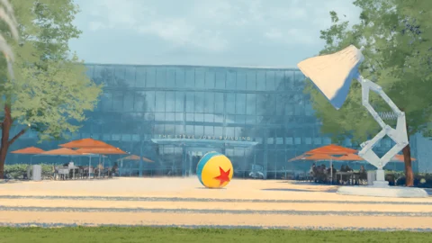 A painterly Gaussian-splat rendering of the Pixar courtyard by Dylan Sisson, featuring the lamp and ball.