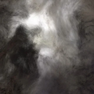 A smoky black-and-white procedural image resembling mist moving through steep terrain.