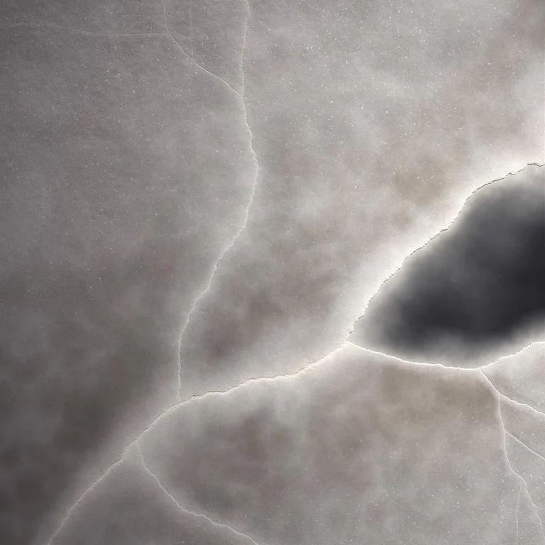 A nearly monochrome procedural surface with cellular seams and a dark recessed opening.