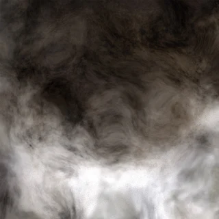 A black-and-white procedural image of swirling dark forms and a bright mist-like opening.