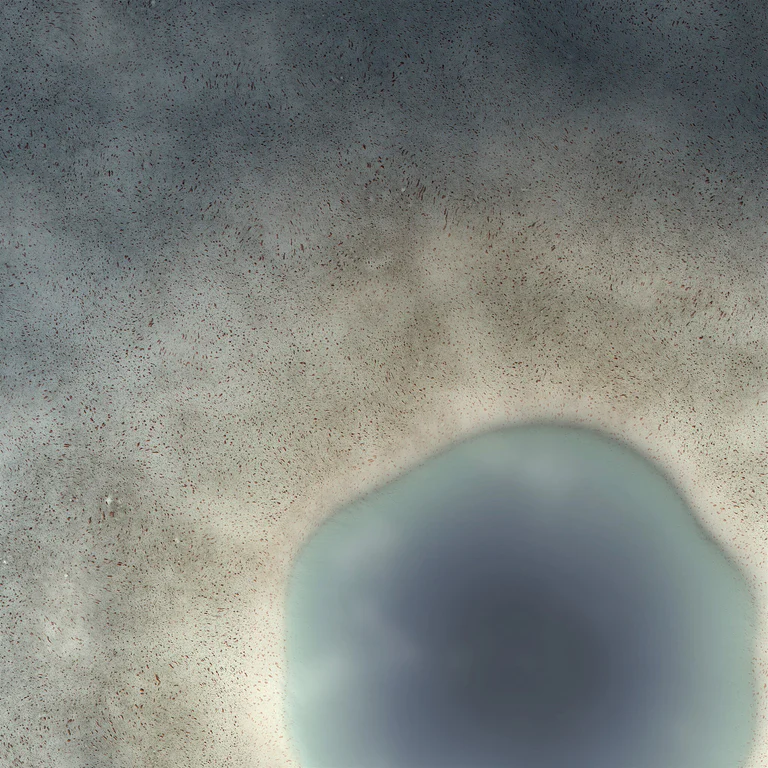 A pale mineral-like procedural basin surrounding a softly glowing blue-gray void.