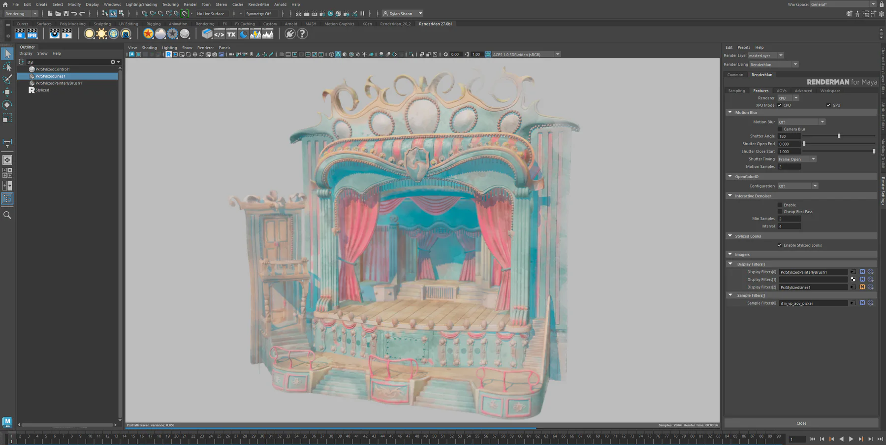 The theater rendered as soft translucent watercolor without outlines.