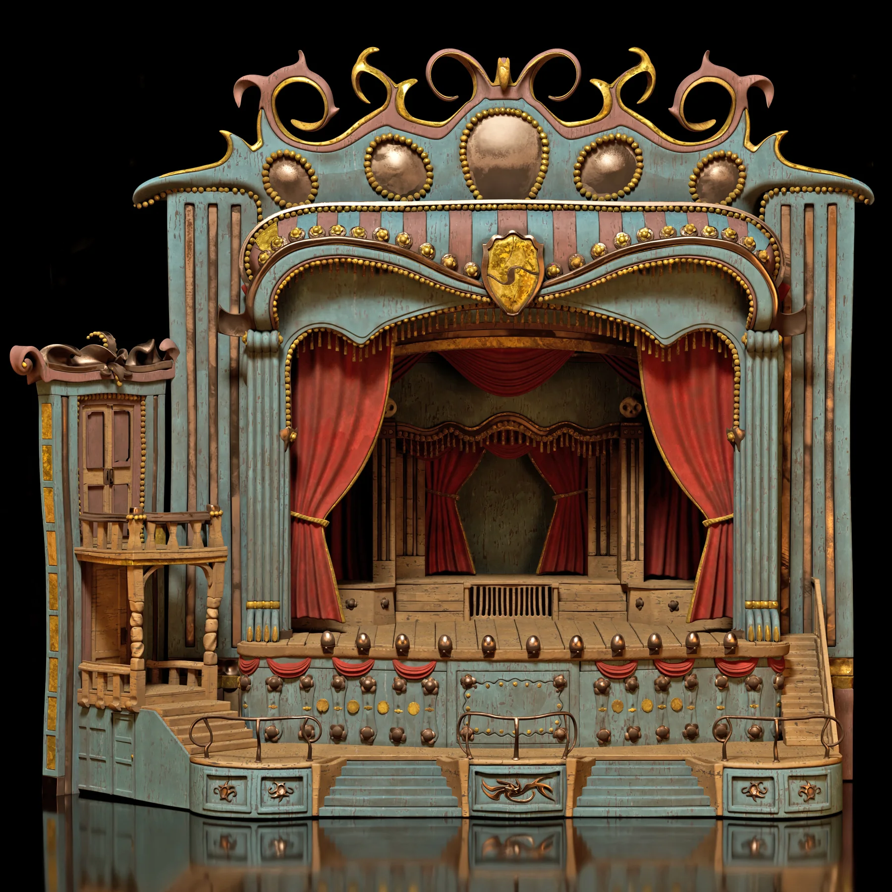 The vaudeville theater fully shaded and lit as a polished physical render against black.